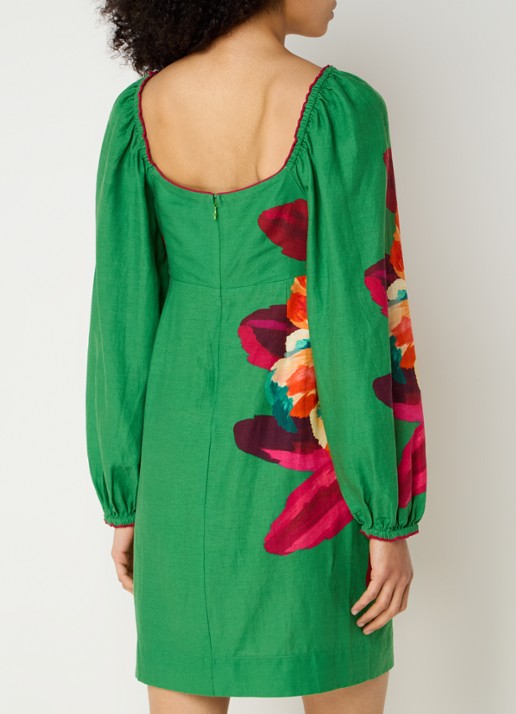 Farm Rio Tropicart mini tuniekjurk in linnenblend met bloemenprint - achterkant groen