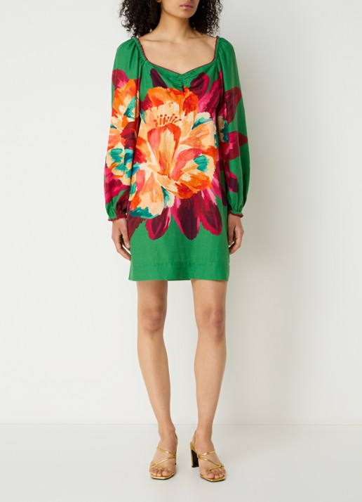 Farm Rio Tropicart mini tuniekjurk in linnenblend met bloemenprint - voorkant 3 groen