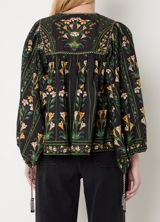 Farm Rio Tuniek in linnenblend met bloemenprint en ballonmouw - achterkant zwart