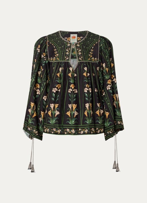 Farm Rio Tuniek in linnenblend met bloemenprint en ballonmouw - voorkant 2 zwart