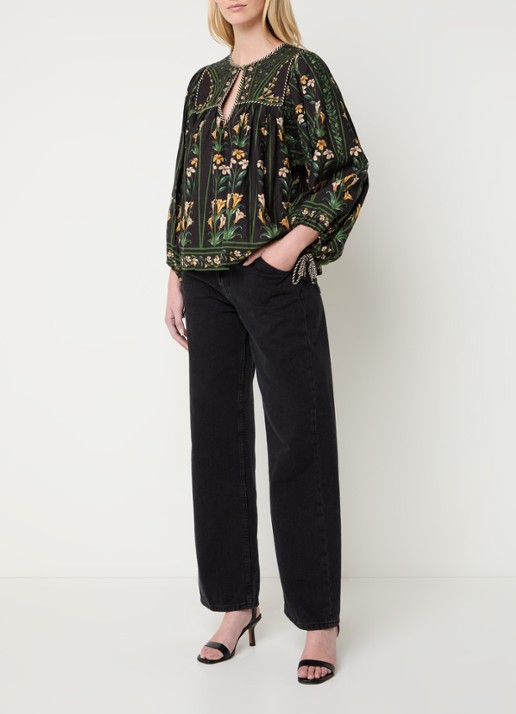 Farm Rio Tuniek in linnenblend met bloemenprint en ballonmouw - voorkant 3 zwart