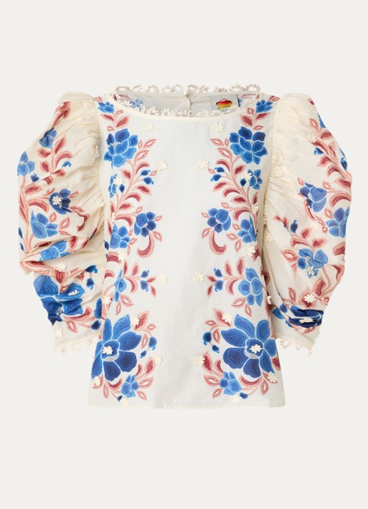 Farm Rio Tuniek met bloemenprint en pofmouw - voorkant zand