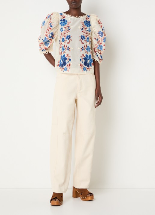 Farm Rio Tuniek met bloemenprint en pofmouw - voorkant 2 zand
