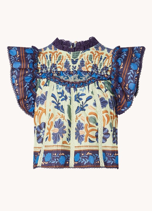 Farm Rio Tuniek met bloemenprint en smockwerk - voorkant donkerblauw