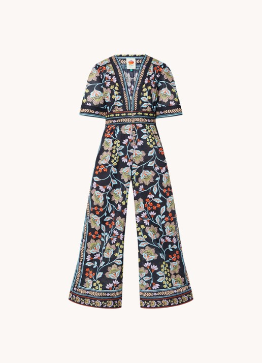 Farm Rio Wide fit jumpsuit met bloemenprint en steekzakken - voorkant 4 zwart