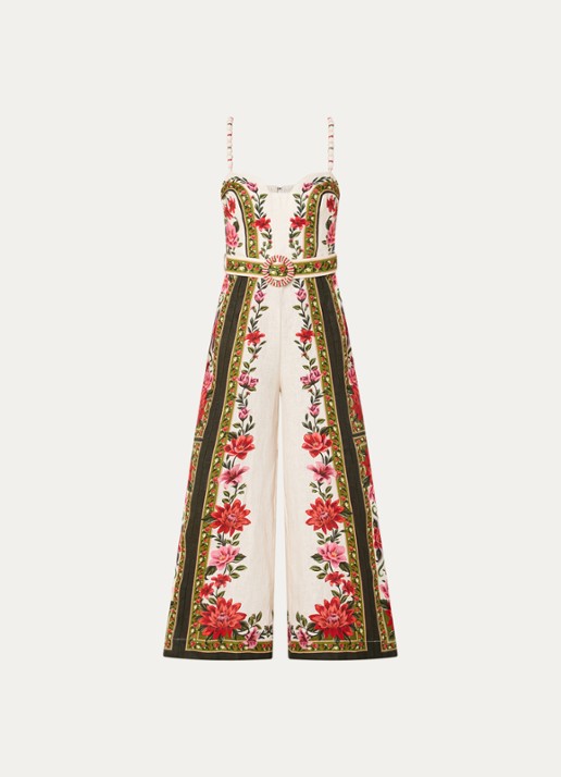 Farm Rio Wonder Rio straight fit playsuit van linnen met bloemenprint - voorkant 3 beige