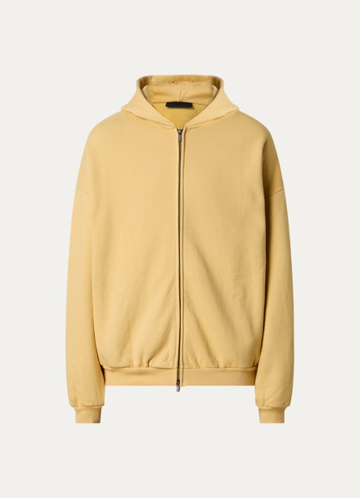 Fear of God Essentials Sweatvest met backprint en capuchon - voorkant okergeel