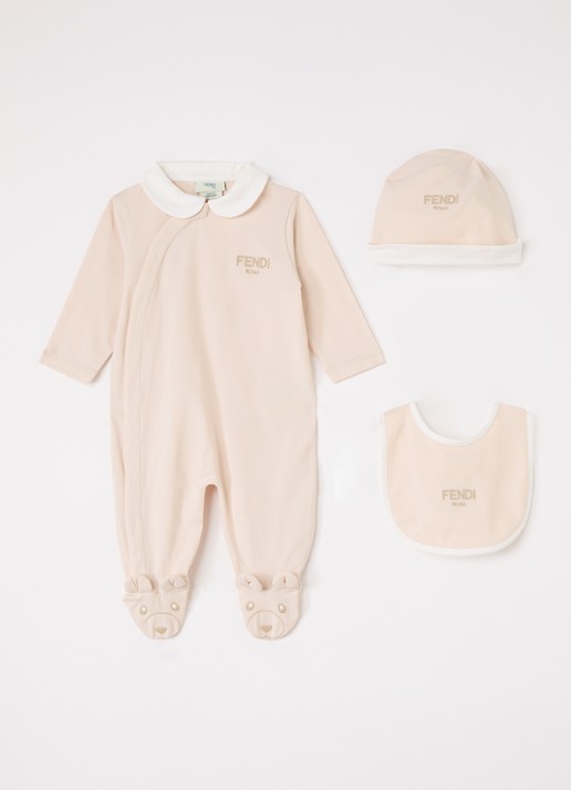 Fendi Set van babypak met muts en slab in giftbox 3-delig - voorkant oudroze