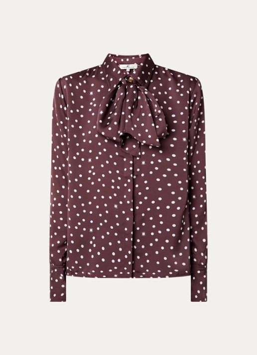 Fifth House Loesy blouse van satijn met stippenprint en afneembare sjaalkraag - voorkant bordeauxrood