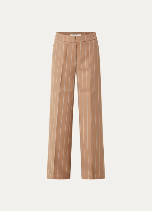 Fifth House Maeve mid waist wide fit pantalon in wolblend met krijtstreep - voorkant bruin