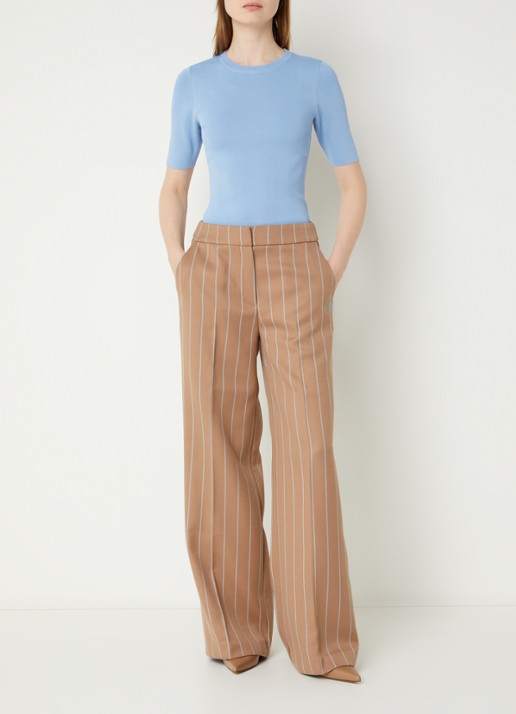 Fifth House Maeve mid waist wide fit pantalon in wolblend met krijtstreep - voorkant 2 bruin