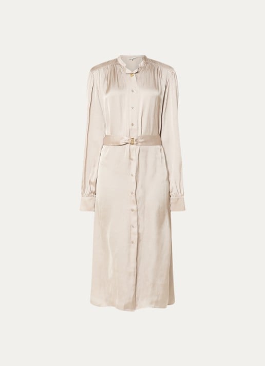 Fifth House Marion midi blousejurk van satijn met strikceintuur - voorkant 2 beige