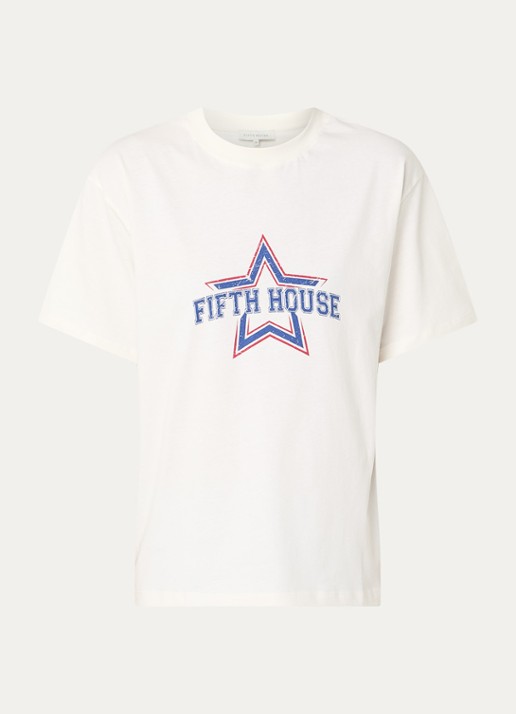 Fifth House Mindy T-shirt met logoprint - voorkant 2 gebroken wit