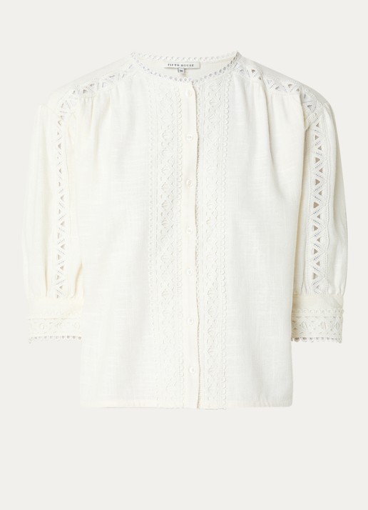 Fifth House Morgan blouse in linnenblend met broderie - voorkant 3 gebroken wit