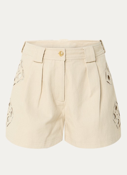 Fifth House Nanouk mid waist straight fit korte broek met opengewerkt dessin - voorkant beige