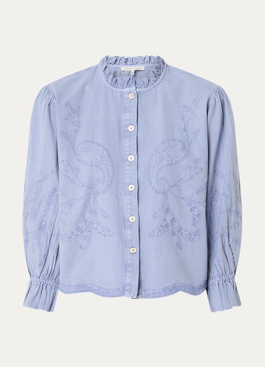 Fifth House Naomi blouse in linnenblend met borduring - voorkant staalblauw