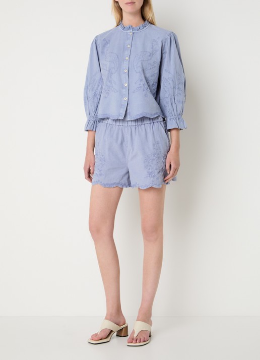 Fifth House Naomi blouse in linnenblend met borduring - voorkant 2 staalblauw