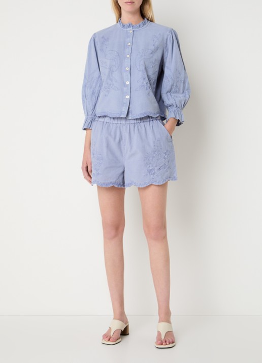 Fifth House Naomi high waist wide fit korte broek in linnenblend met steekzakken - voorkant 2 blauwgrijs
