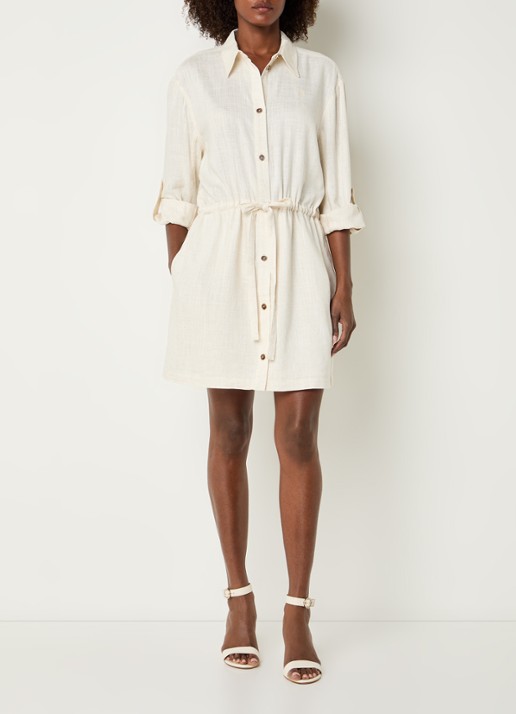Fifth House Neville mini blousejurk in linnenblend met strikceintuur - voorkant 4 creme