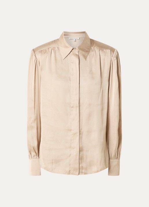 Fifth House Oslo blouse van satijn met schoudervulling - voorkant 2 beige