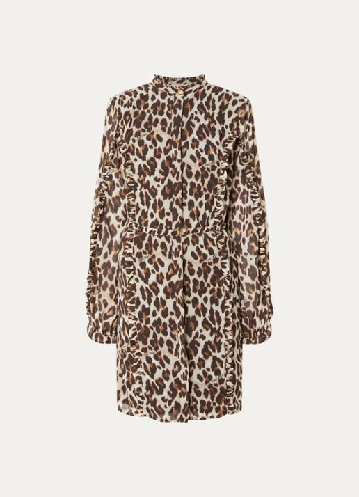 Fifth House Palesa mini blouse jurk met panterprint en volant  - voorkant bruin
