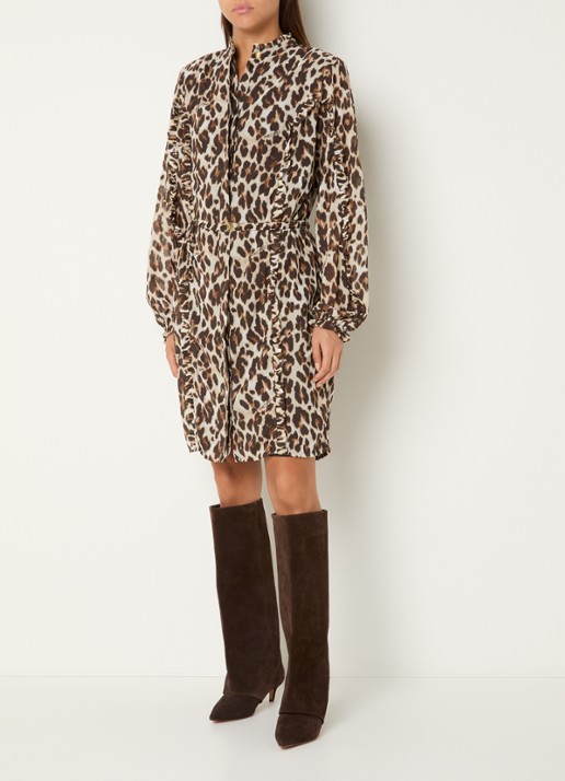 Fifth House Palesa mini blouse jurk met panterprint en volant  - voorkant 2 bruin