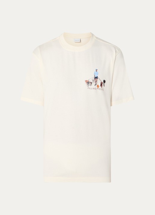 Filling Pieces Dog Walker T-shirt van  katoen met logo- en backprint - voorkant 3 creme