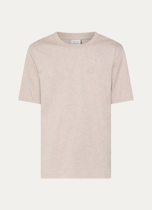Filling Pieces Embroidered Knot T-shirt met gemêleerd dessin en logoborduring - voorkant 3 donkerbeige