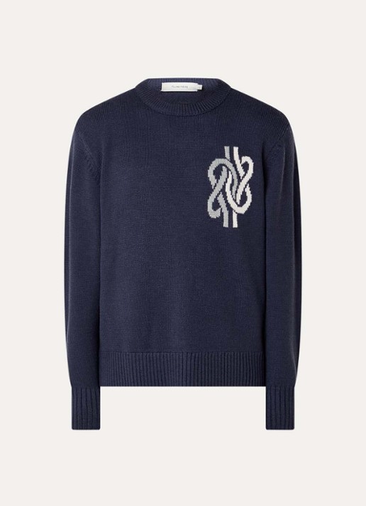 Filling Pieces Knot fijngebreide trui in wolblend met ingebreide print - voorkant 2 donkerblauw