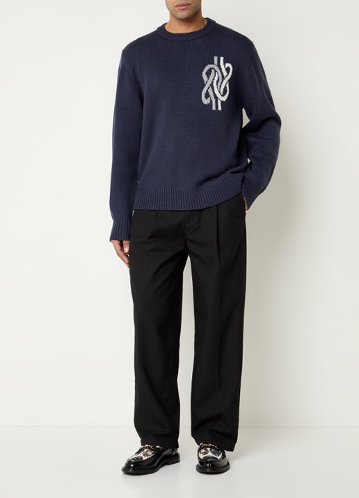Filling Pieces Knot fijngebreide trui in wolblend met ingebreide print - voorkant 3 donkerblauw