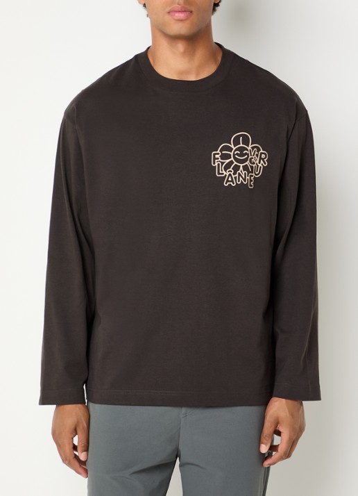 FLÂNEUR Happy Flower longsleeve met logo- en backprint - achterkant 4 bruin