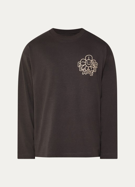 FLÂNEUR Happy Flower longsleeve met logo- en backprint - voorkant bruin