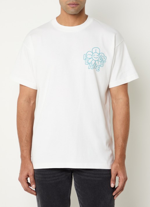 FLÂNEUR Happy Flower T-shirt met logo- en backprint - achterkant 4 wit