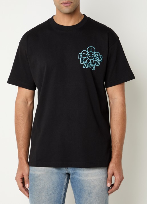 FLÂNEUR Happy Flower T-shirt met logo- en backprint - achterkant 3 zwart