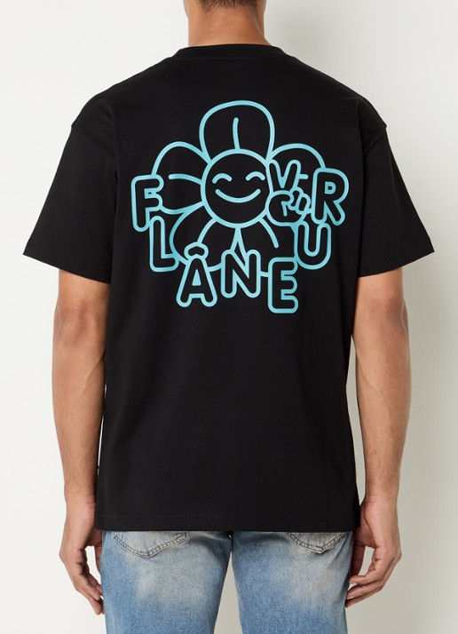 FLÂNEUR Happy Flower T-shirt met logo- en backprint