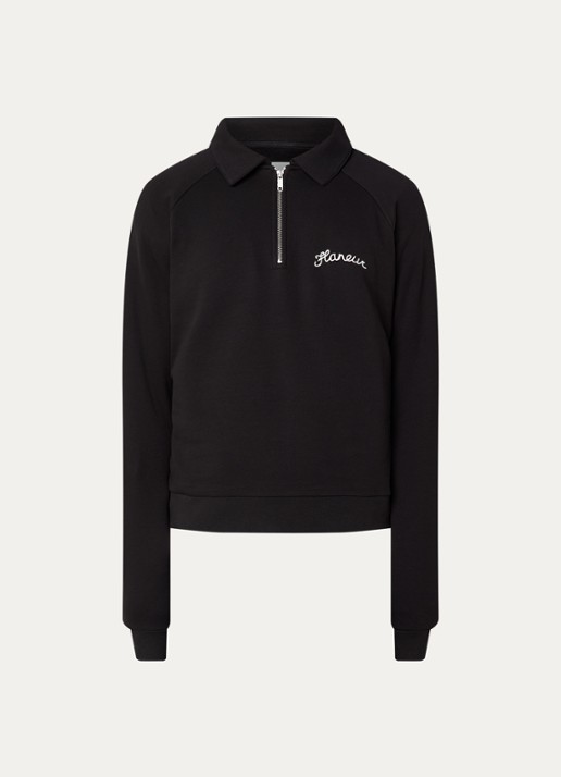 FLÂNEUR Raglan sweater met halve rits en logoborduring - voorkant 2 zwart
