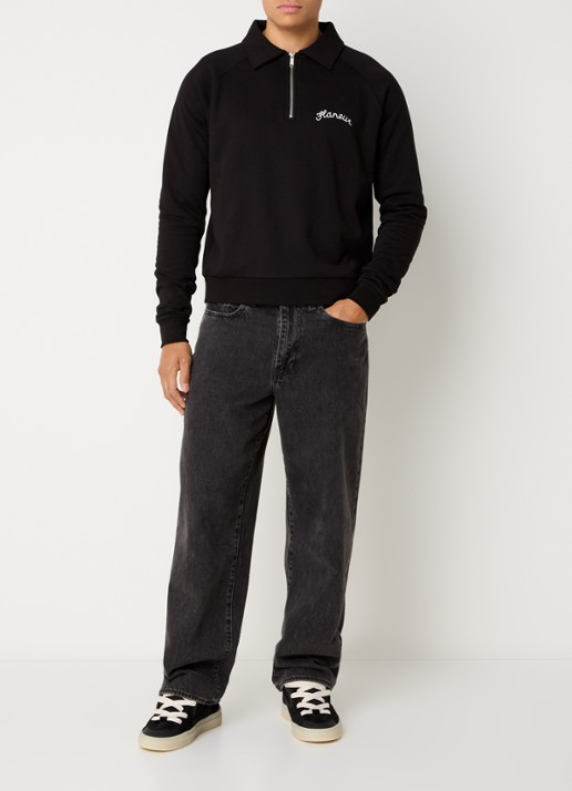 FLÂNEUR Raglan trui met halve rits en logoborduring - voorkant 3 zwart