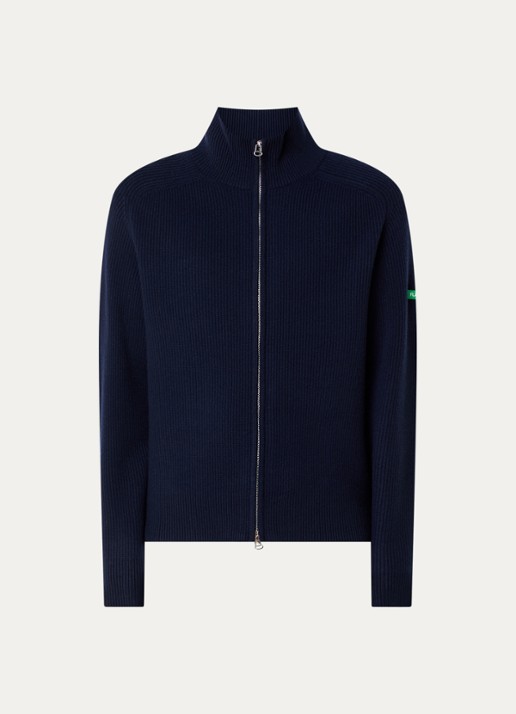 FLÂNEUR Ribgebreid vest van wol met logo - voorkant 3 donkerblauw