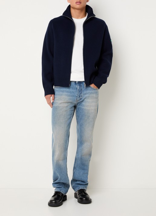 FLÂNEUR Ribgebreid vest van wol met logo - voorkant 4 donkerblauw