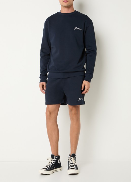 FLÂNEUR Signature straight fit korte joggingbroek met logo - voorkant 2 donkerblauw