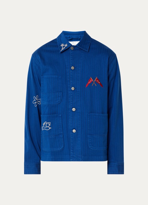 forét Forager overshirt van denim met front- en backprint - voorkant 2 kobaltblauw