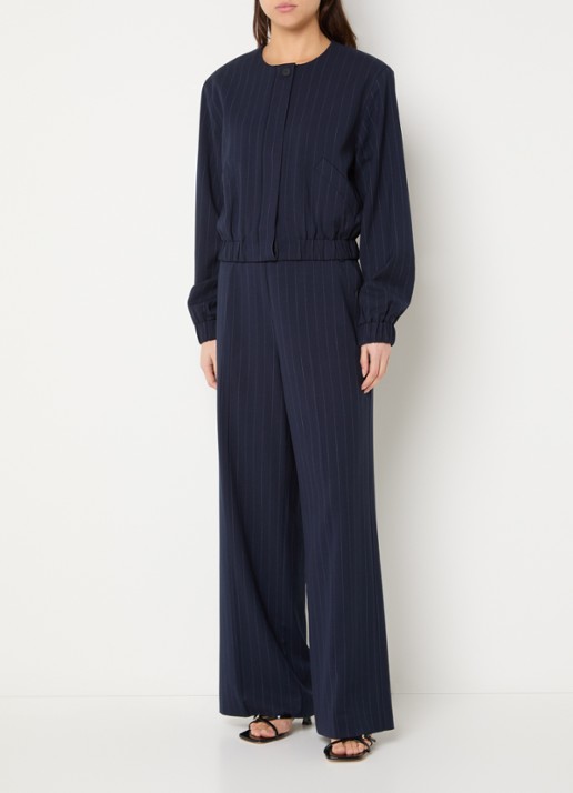 French Connection Alia high waist wide fit pantalon met krijtstreep en steekzakken - voorkant 3 donkerblauw
