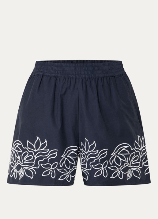 French Connection Alissa high waist straight fit korte broek met bloemborduring - voorkant donkerblauw