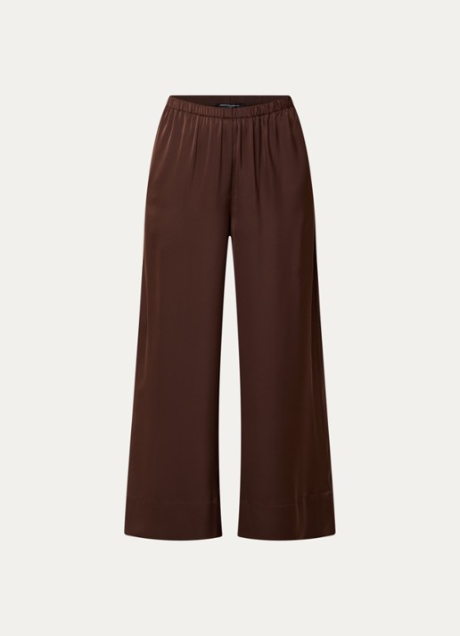 French Connection Bernadetta high waist wide fit pantalon van satijn met steekzakken - voorkant 3 donkerbruin