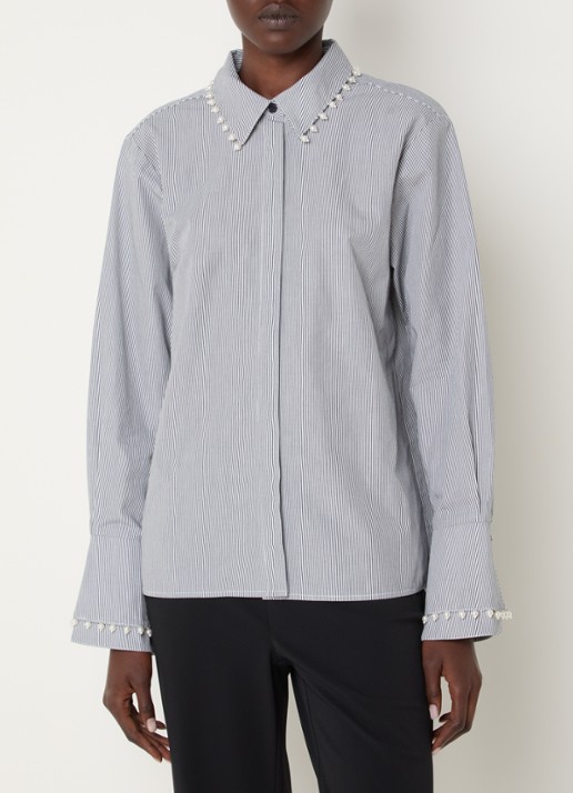 French Connection Cambria blouse met streepprint - detail 4 donkerblauw