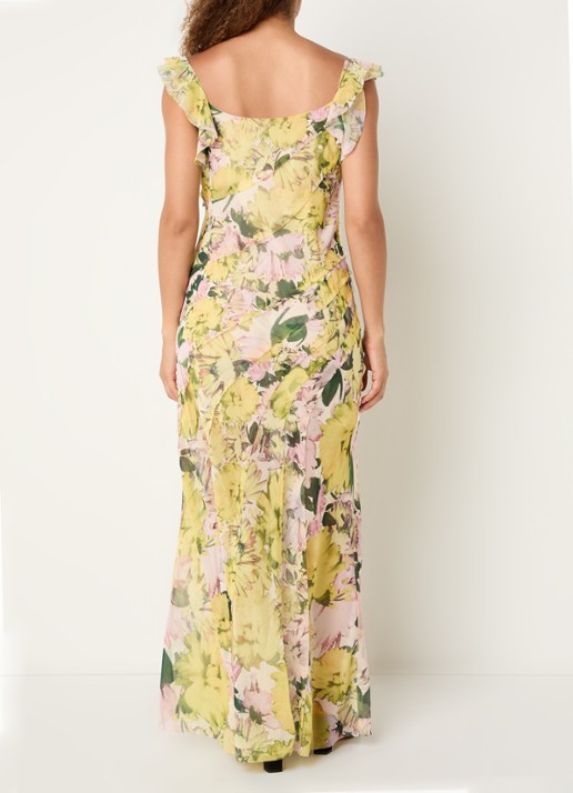 French Connection Carla maxi jurk met bloemenprint en split - achterkant 4 okergeel
