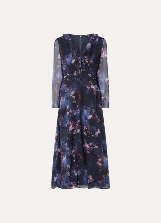 French Connection Clara midi tuniekjurk met bloemenprint - voorkant 2 donkerblauw