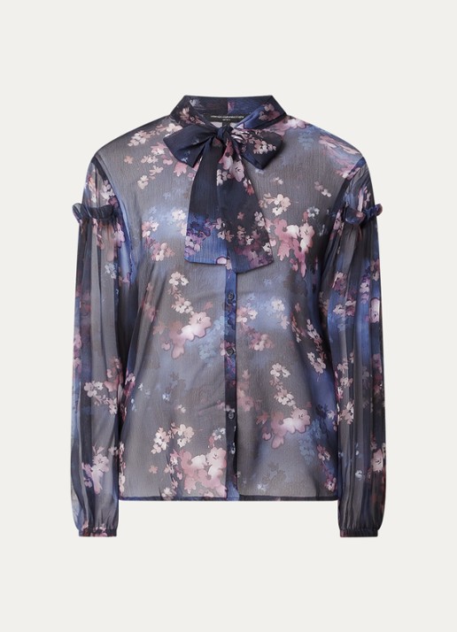 French Connection Clara semi-transparante blouse met sjaalkraag - voorkant donkerblauw