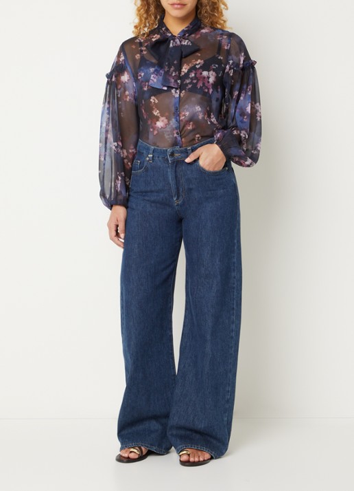 French Connection Clara semi-transparante blouse met sjaalkraag - voorkant 2 donkerblauw