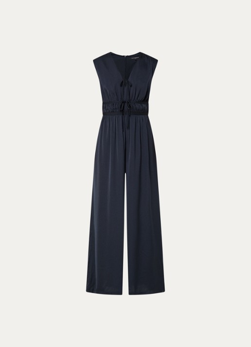 French Connection Damasco wide fit jumpsuit van satijn met V-hals - voorkant 2 donkerblauw